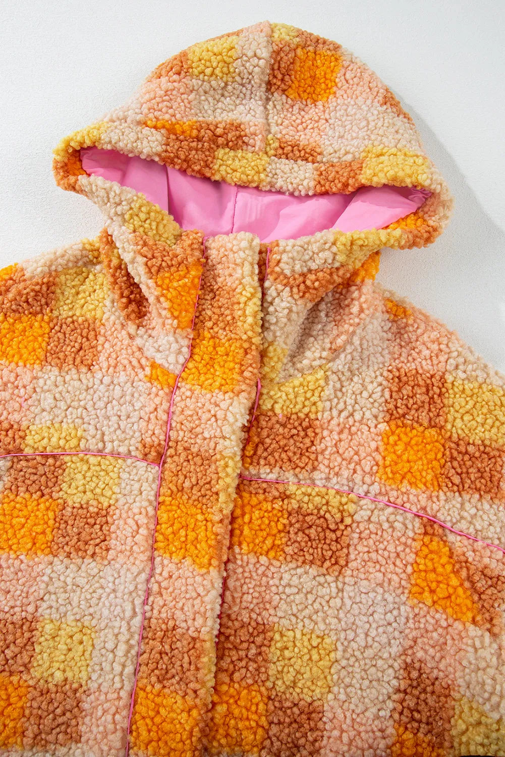 Orange Checkered Sherpa Hooded Jacket - Chic Meadow Boutique 