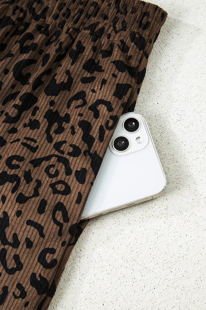 Dark Brown Leopard Print Elastic High Waist Loose Corduroy Pants