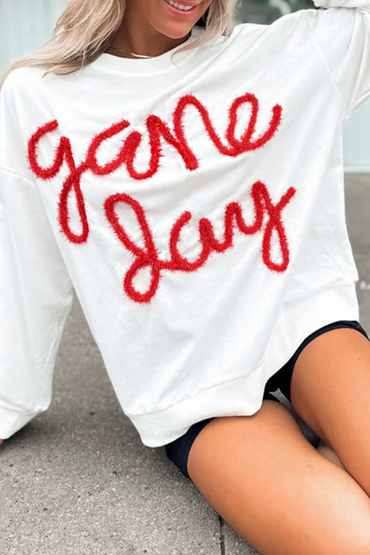 White Tinsel Game Day Drop Shoulder Graphic Sweatshirt - Chic Meadow Boutique 