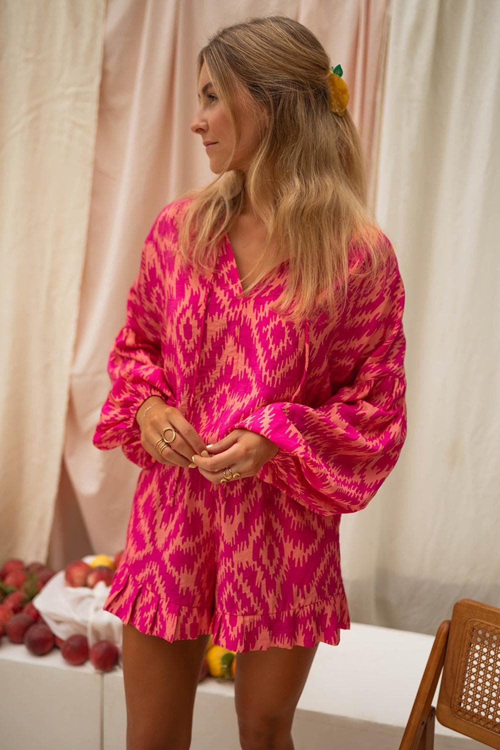 Loungewear & Sleepwear/Sleepwear Rose Western Aztec Geometric Print Top and Ruffled Shorts Set