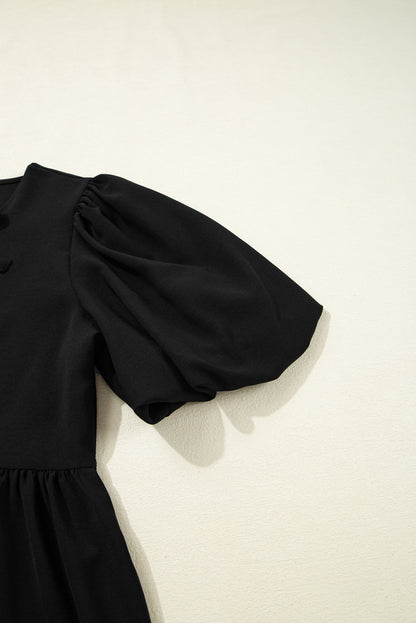 Black Puff Sleeve Bowknot Front Peplum Blouse