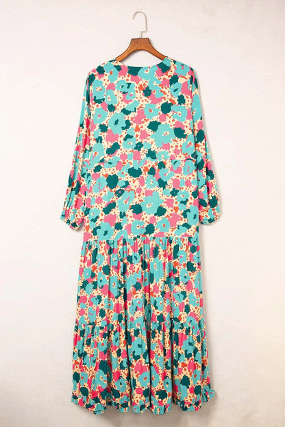 Multicolor Bohemia Print V Neck Ruffle Long Sleeve Maxi Dress - Chic Meadow Boutique 