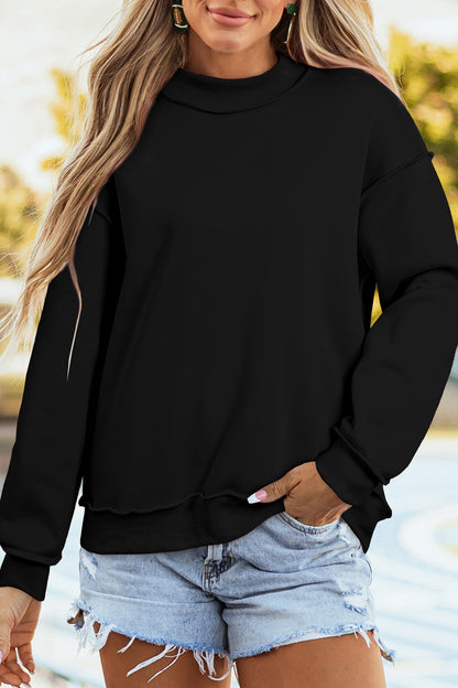 Black Oversize Drop Shoulder Reversible Mock Neck Sweatshirt