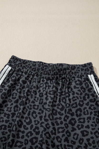 Gray Leopard Print Varsity Striped Detail 3/4 Sleeve Top Shift Pant Set