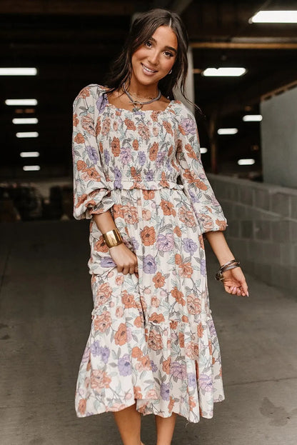 Multicolor Floral Smocked Long Sleeve Pocketed Dress - Chic Meadow Boutique 