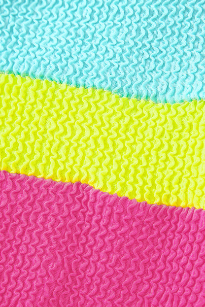 Iceland Blue Textured Color Block Patchwork One Piece Swimsuit