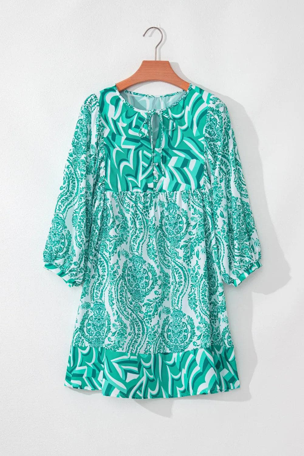 Green Bohemian Print Puff Sleeve Tied V Neck Flared Mini Dress - Chic Meadow Boutique 