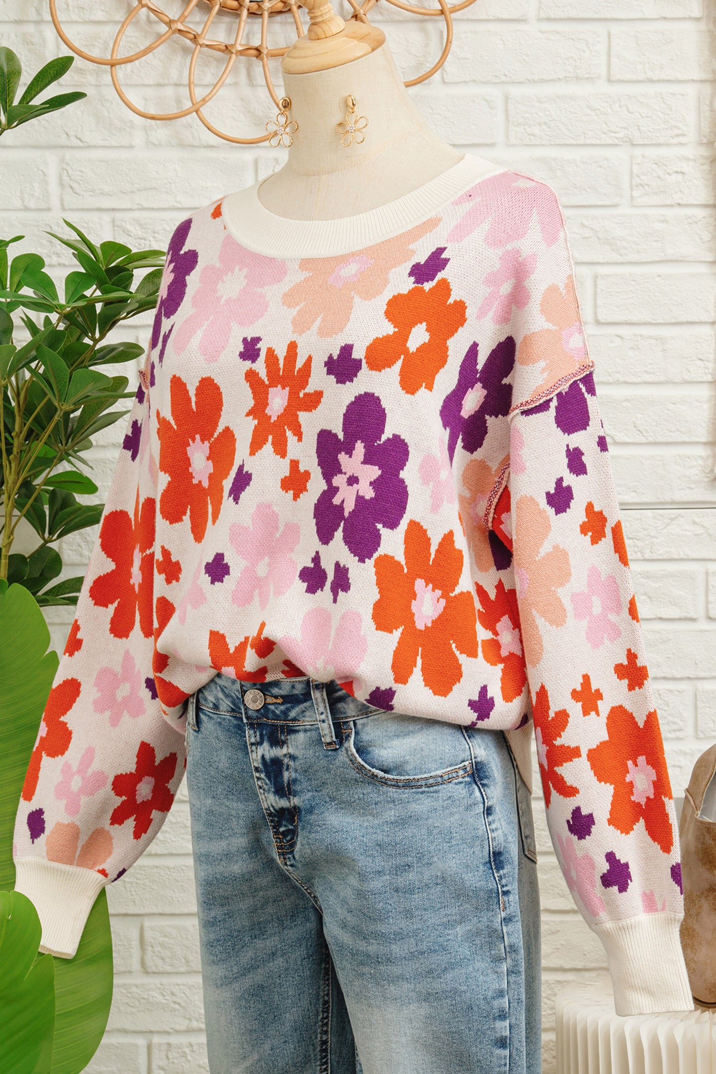 Khaki Fall Floral Pattern Drop Shoulder Sweater