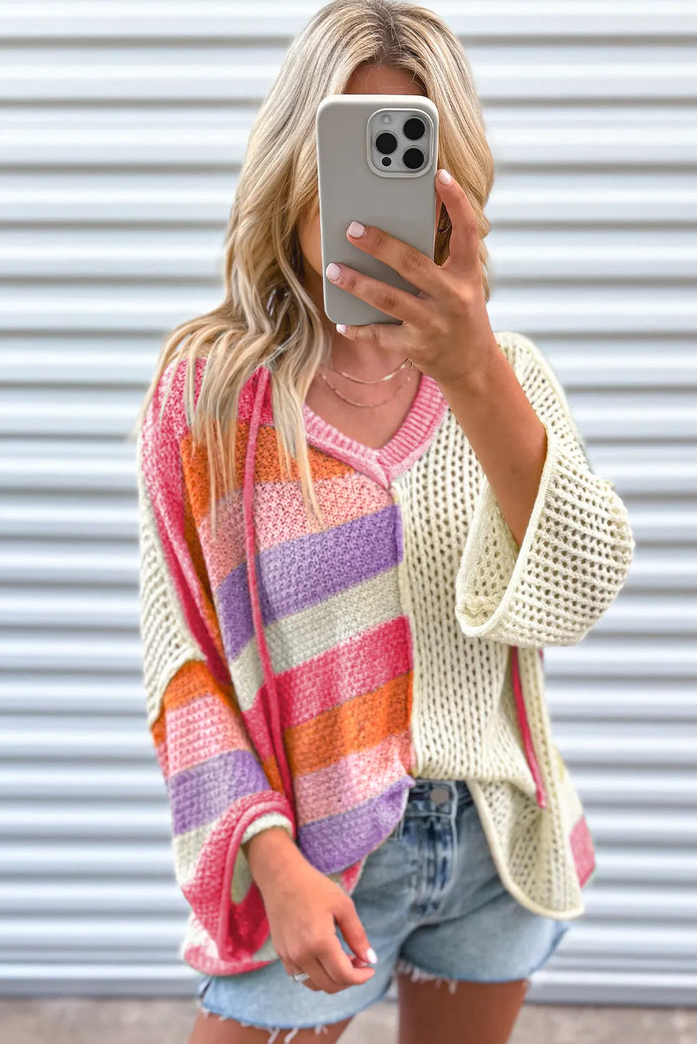 Pink Oversized Colorblock V Neck Hooded Sweater - Chic Meadow Boutique 