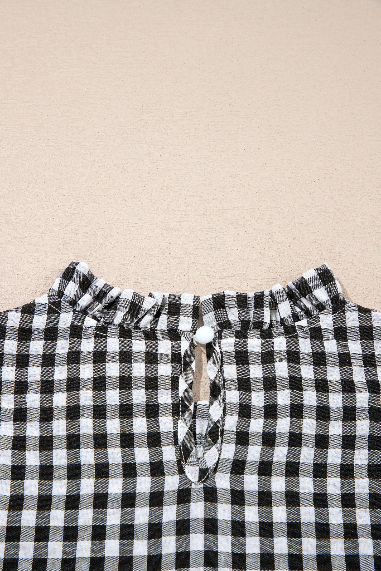 Black Plaid Short Puff Sleeve Frilled Neck Blouse