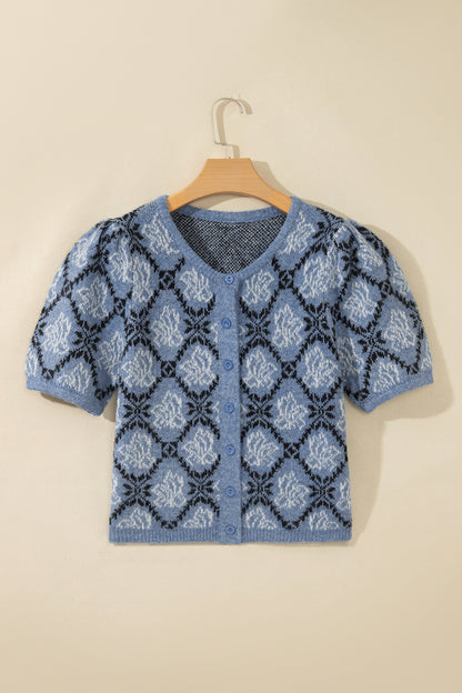 Dark Blue Short Sleeve Button Front Boho Knit Top Cardigan