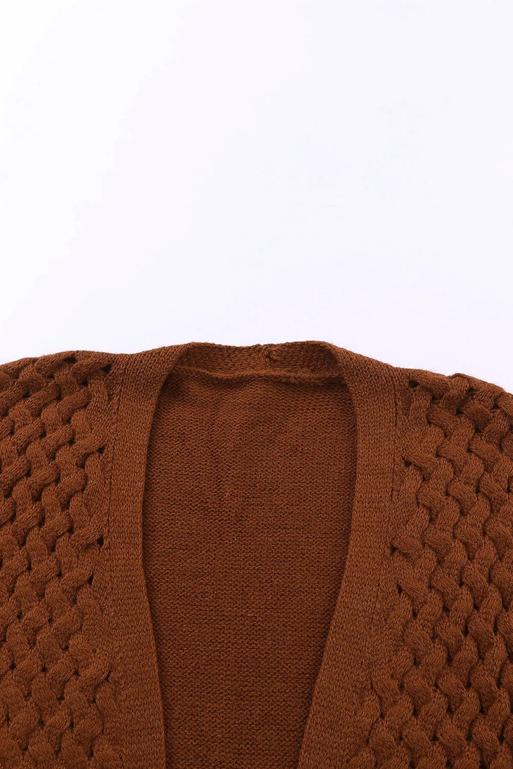 Brown Open Front Woven Texture Knitted Cardigan with Pockets - Chic Meadow Boutique 