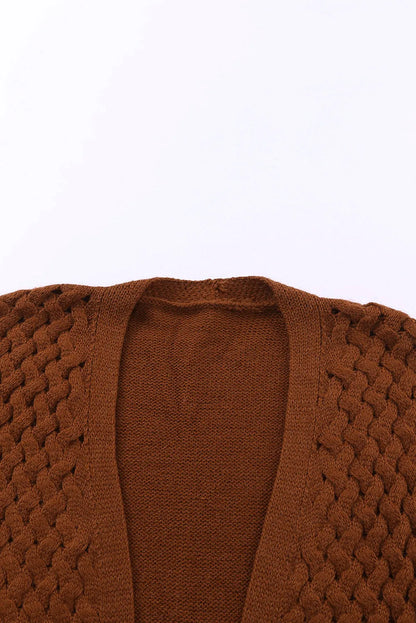 Brown Open Front Woven Texture Knitted Cardigan with Pockets - Chic Meadow Boutique 