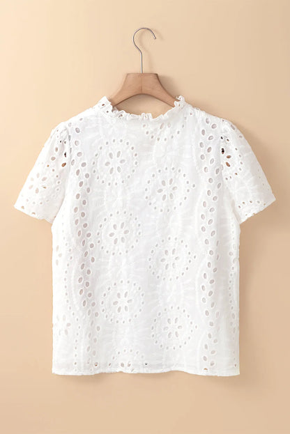 White Geometric Embroidery Hollow Out Blouse - Chic Meadow Boutique 