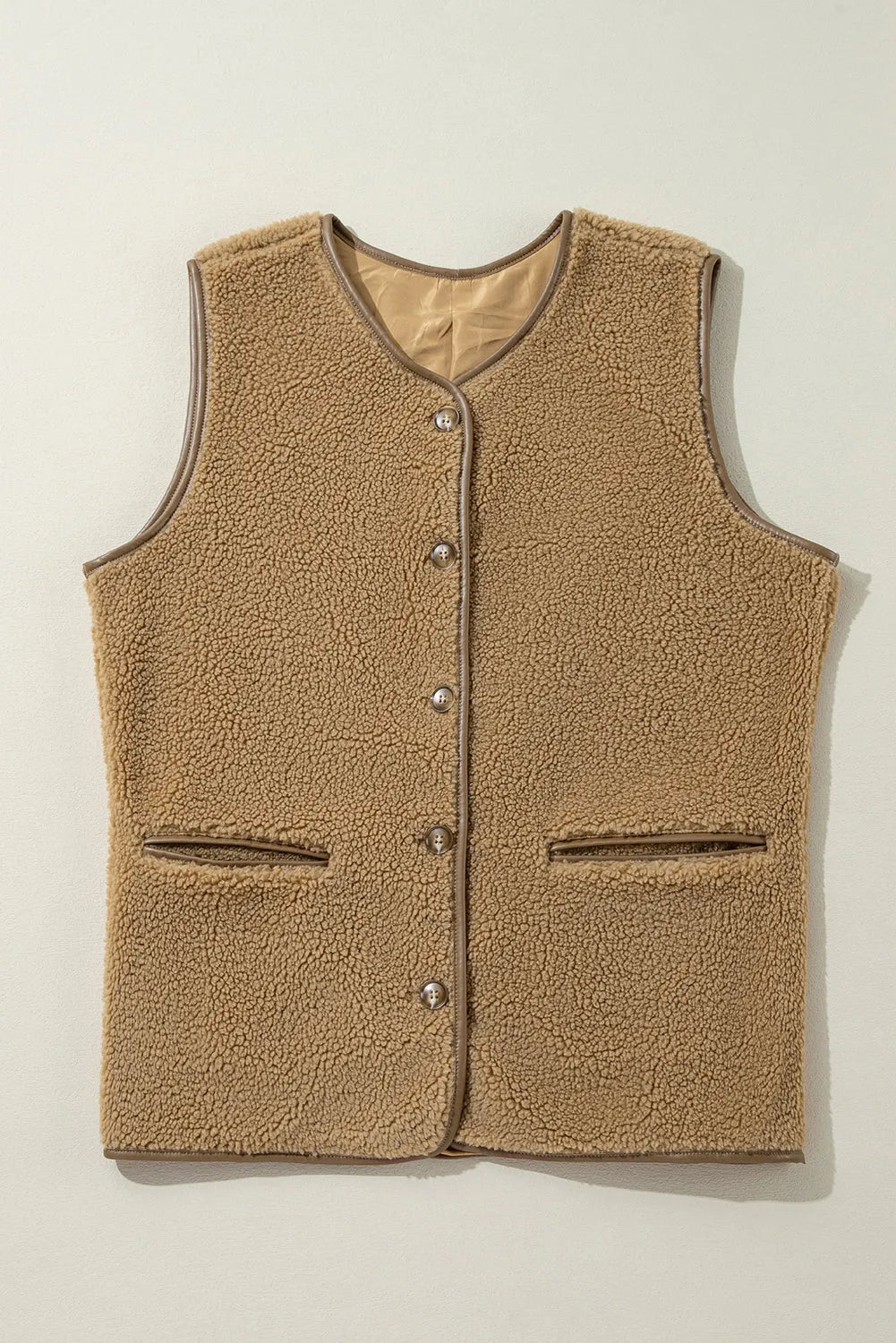 Camel Leather Contrast Side Pockets Buttoned Fleece Vest - Chic Meadow Boutique 