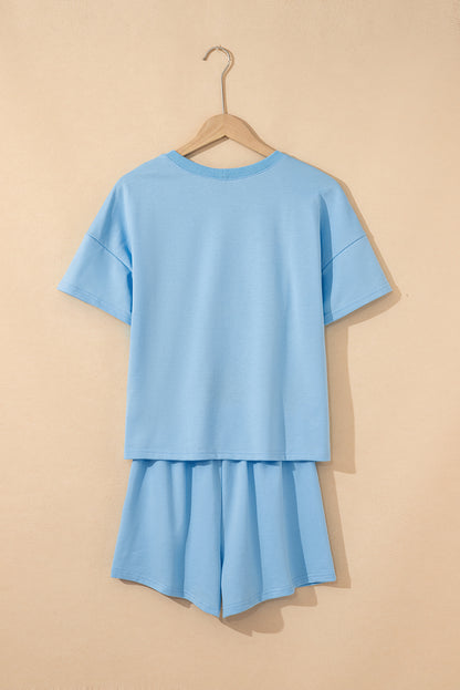 Myosotis V Neck Drop Shoulder Tee and Patchwork Drawstring Shorts Set