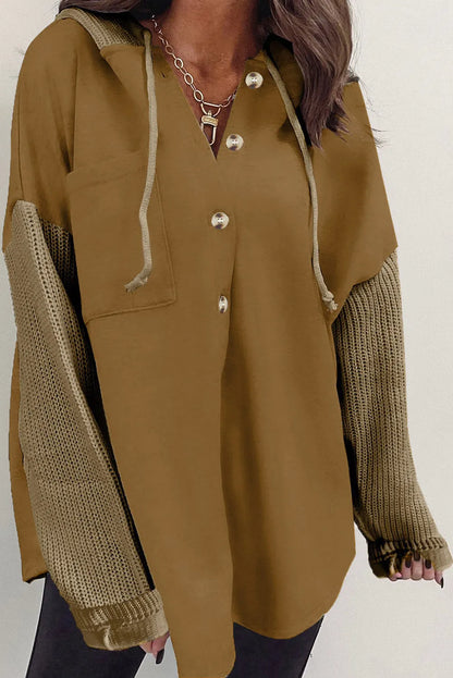 Brown Button Up Contrast Knitted Sleeves Hooded Jacket - Chic Meadow Boutique 