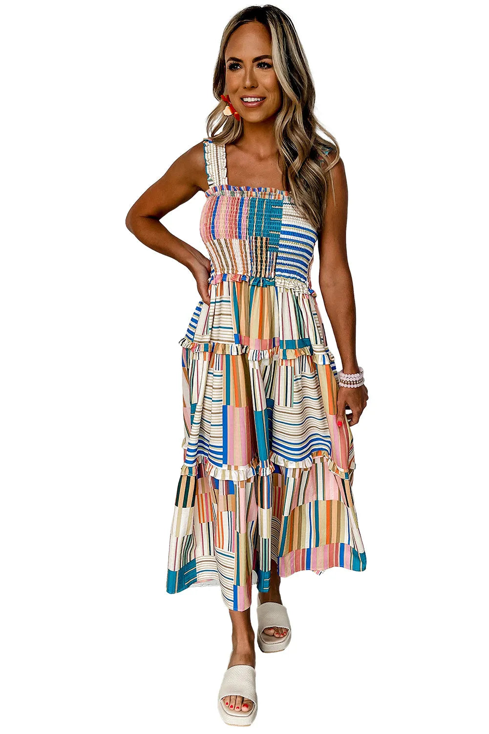 Khaki Mix Striped Wide Straps Smocked Tiered Maxi Dress - Chic Meadow Boutique 