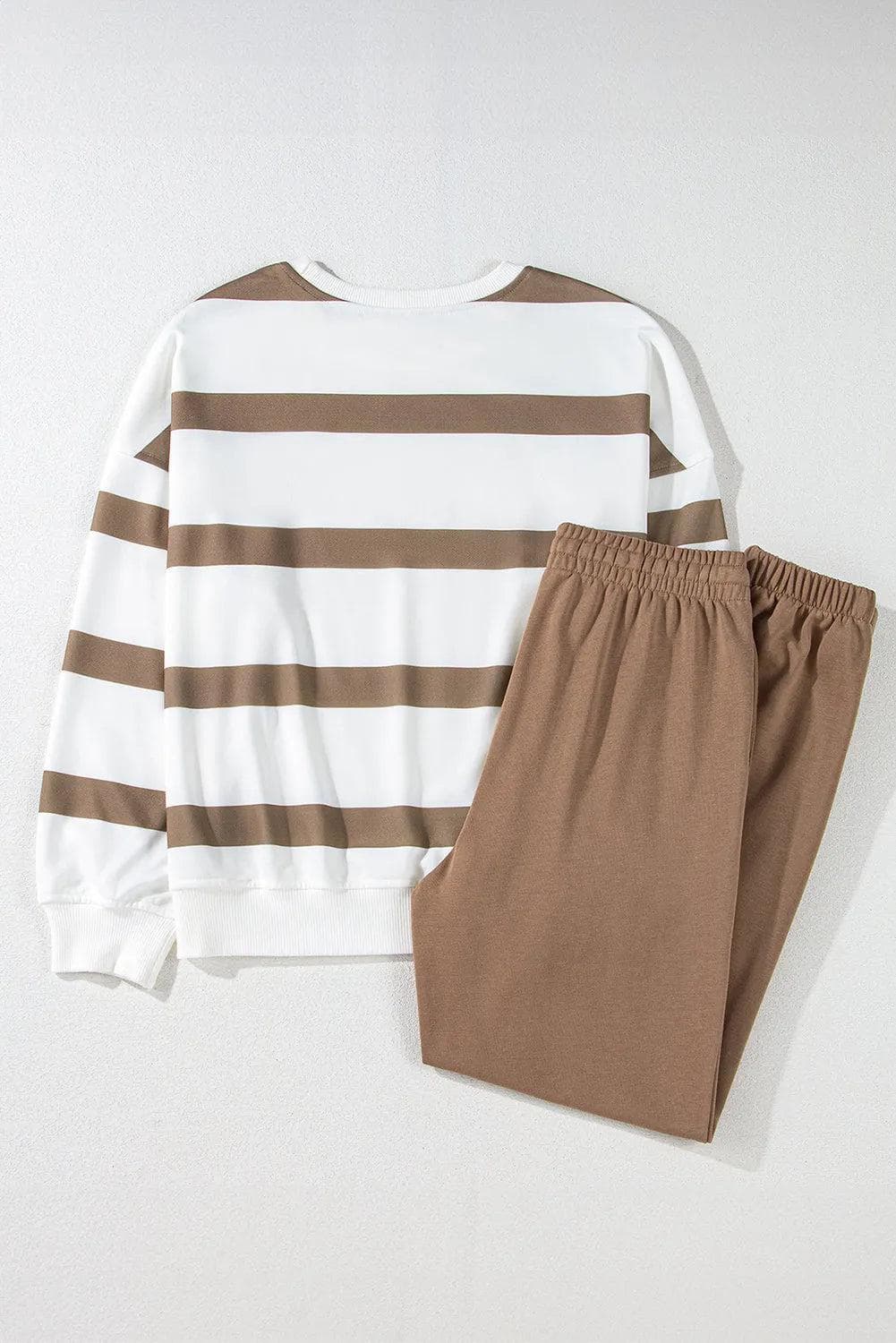 Two Piece Sets/Pant Sets Light French Beige Striped Drop Shoulder Pullover and Jogger Pants Set