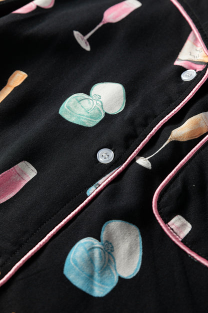 Color black Christmas Wine Glass Print Bow Knot Two Piece Pajama Set