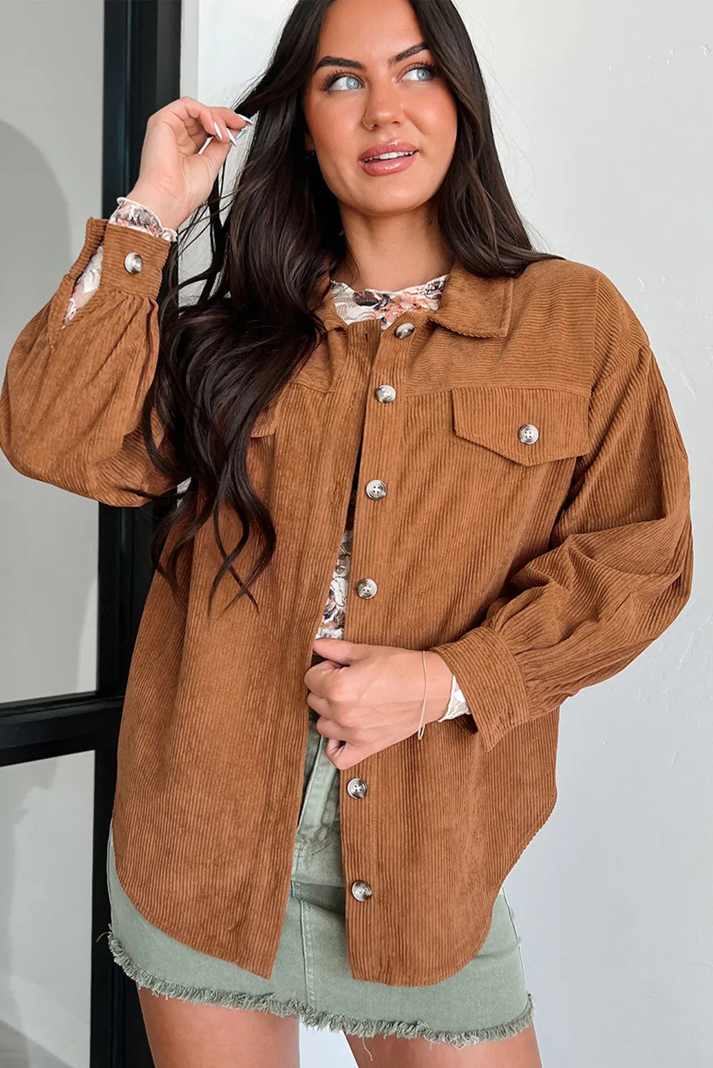 Cinnamon Corduroy Flap Pocket Button Up Round Hem Shacket - Chic Meadow Boutique 