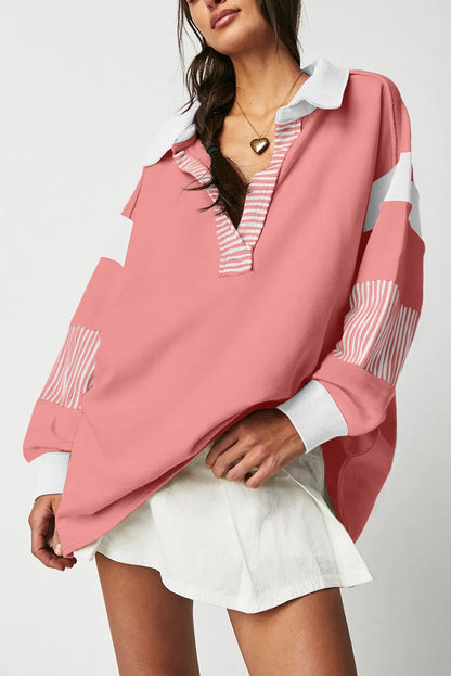 Casual Striped Colorblock Patchwork Collar Sweatshirt - Chic Meadow Boutique 