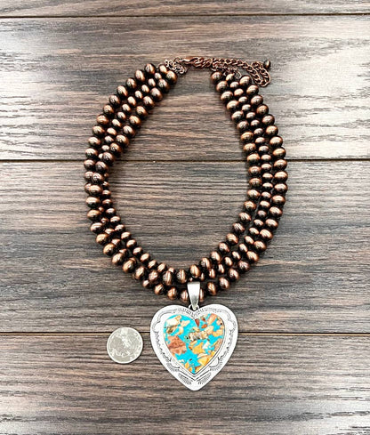 739566, Handmade 18" Copper Navajo Heart Gemstone Necklace