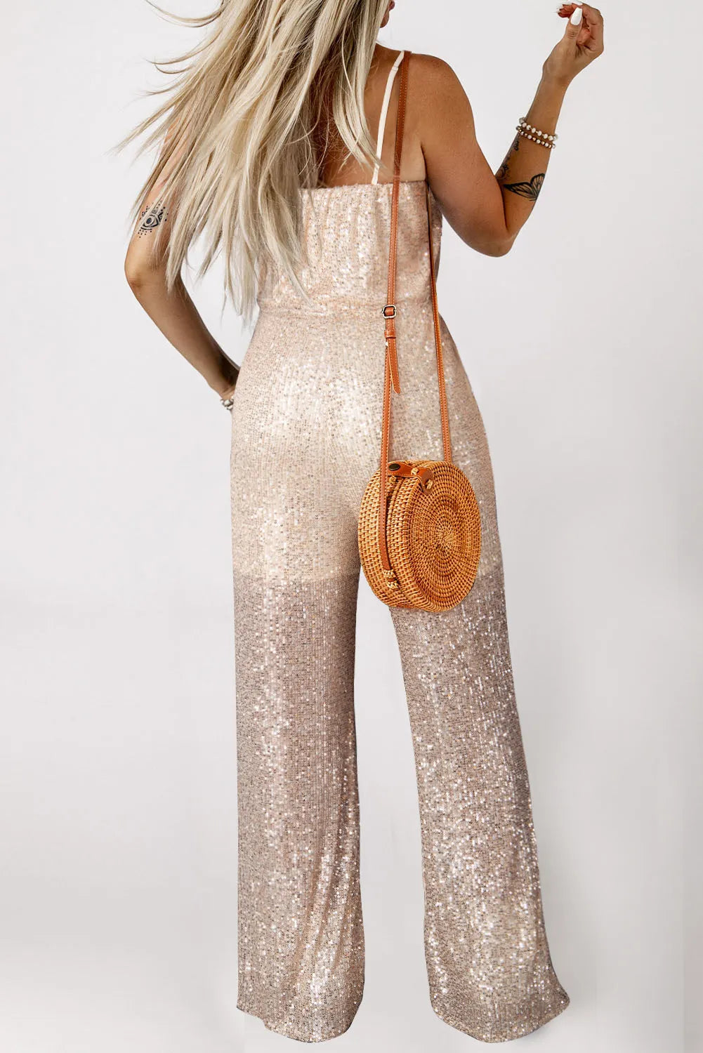 Gold Sequined V Neck Sleeveless High Waist Jumpsuit - Chic Meadow Boutique 