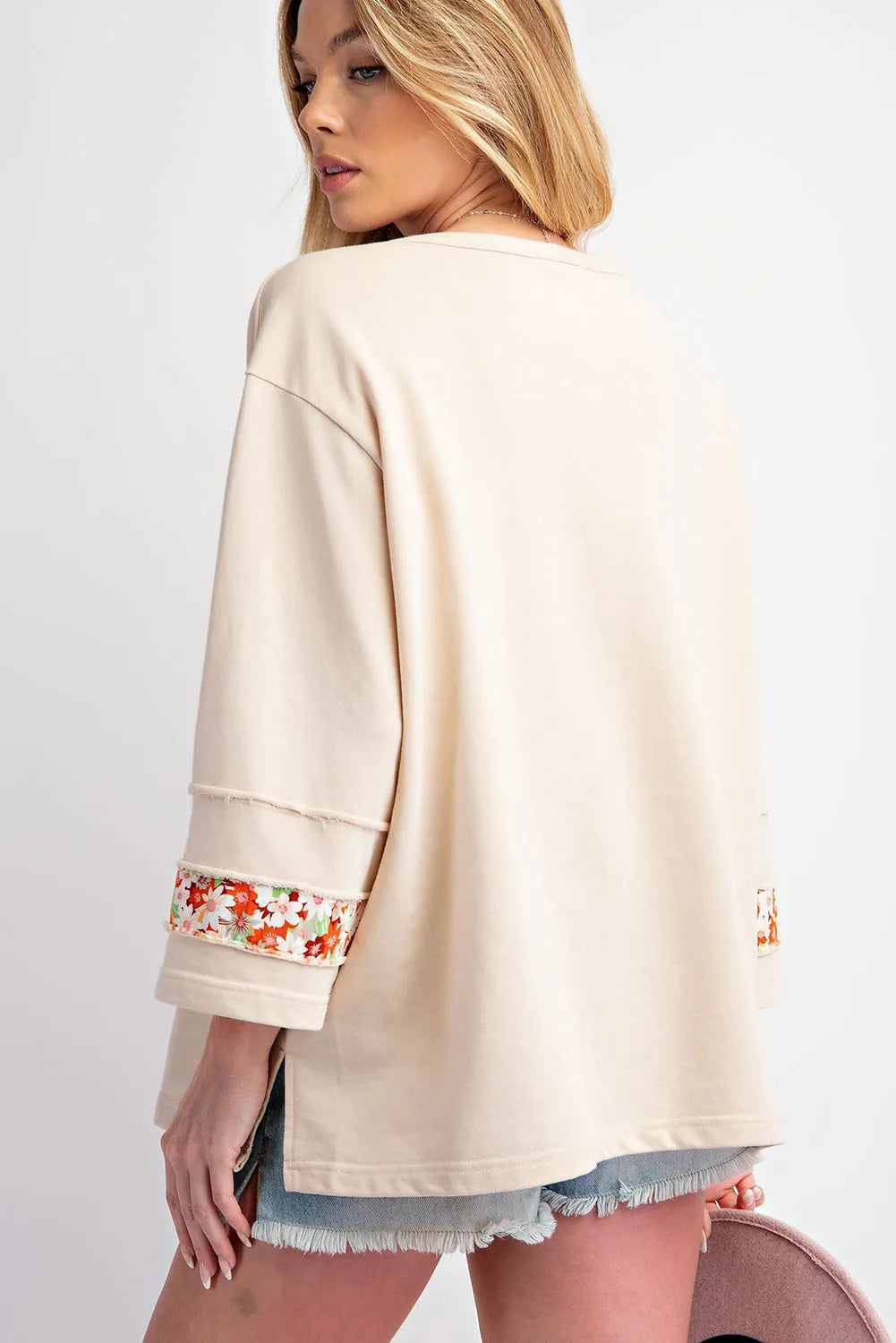 Beige Flower Patch Graphic Exposed Seam Wide Sleeve Top - Chic Meadow Boutique 