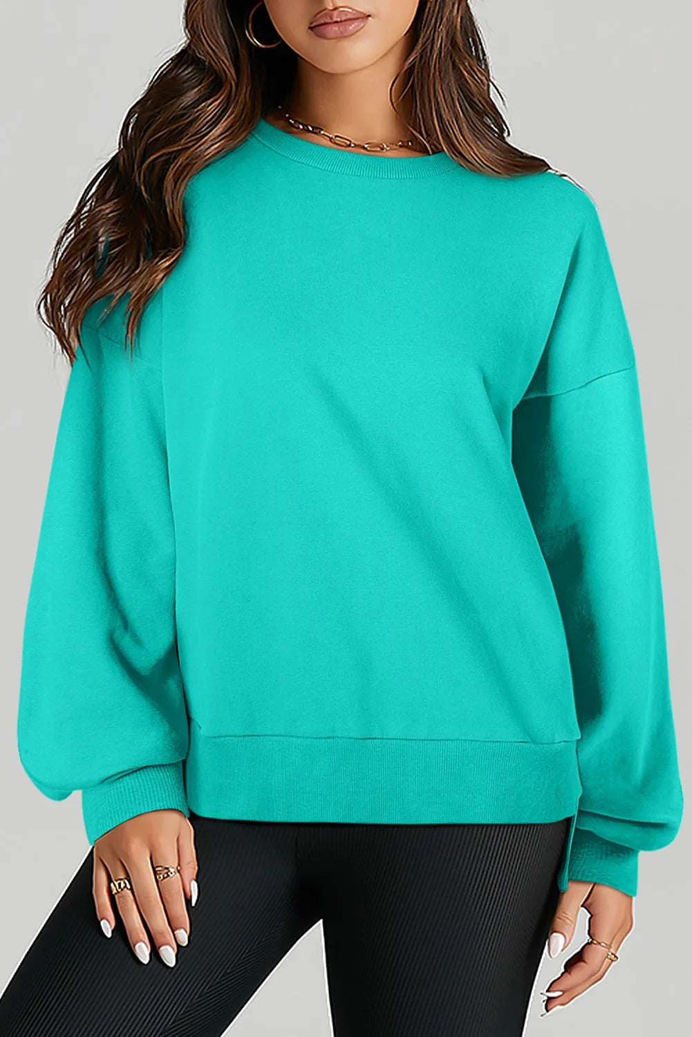 Aruba Blue Solid O Neck High Low Hem Pullover Sweatshirt - Chic Meadow Boutique 