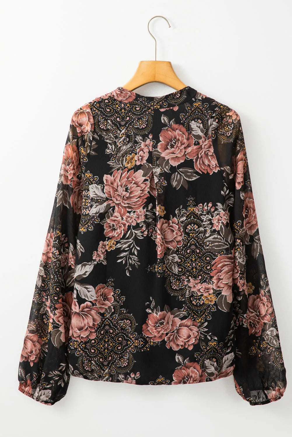 Black Floral Print Criss Cross V Neck Balloon Sleeve Blouse - Chic Meadow Boutique 