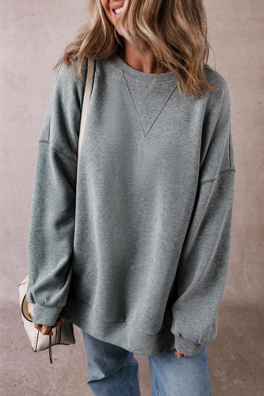 Tops/Long Sleeve Tops Medium Grey / S / 65%Cotton+35%Polyester Medium Grey Side Split Drop Shoulder Oversized Top