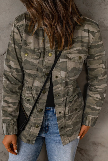 Green Camo Print Multi Pockets Button-up Jacket - Chic Meadow Boutique 