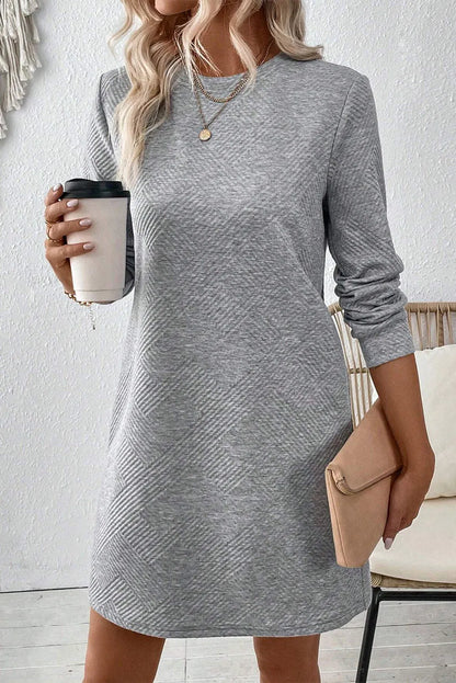 Gray Solid Color Textured Long Sleeve Shift Dress - Chic Meadow Boutique 