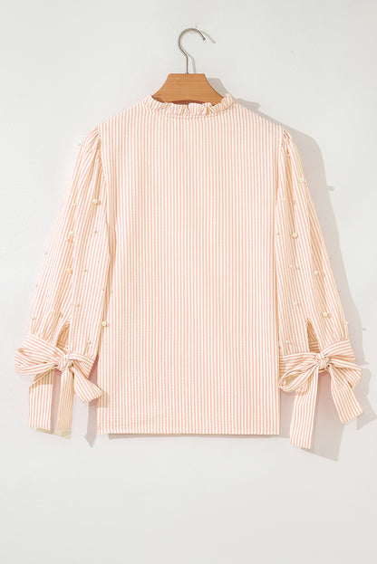 Pink Stripe Bow Knot Cuff Pearl Embellished Puff Sleeve V Neck Blouse