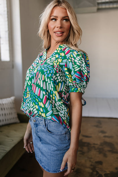 Green Brushwork Geometric Print Puff Sleeve Notched Neck Blouse