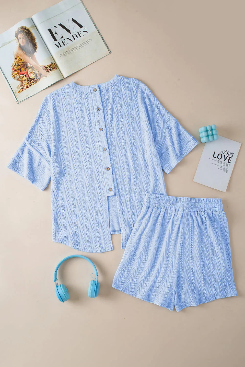 Beau Blue Textured Buttoned Slit Back Tee Shorts Set - Chic Meadow Boutique 