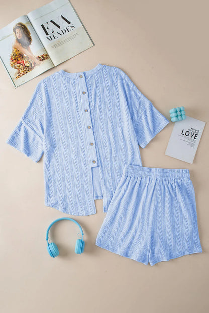 Beau Blue Textured Buttoned Slit Back Tee Shorts Set - Chic Meadow Boutique 