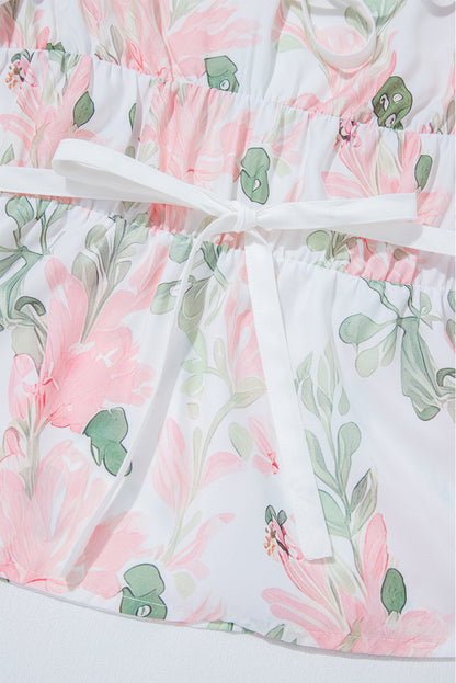 Pink Floral Puff Sleeve V Neck Tied Front Peplum Blouse