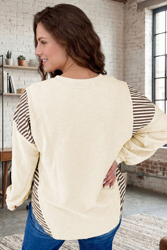 Jet Stream Western Print Striped Detail Long Sleeve Casual Top