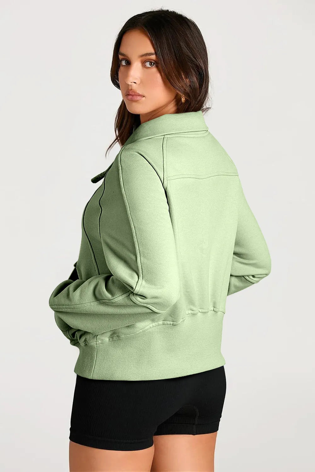 Smoke Green Quarter Zip Stand Neck Kangaroo Pocket Sweatshirt - Chic Meadow Boutique 