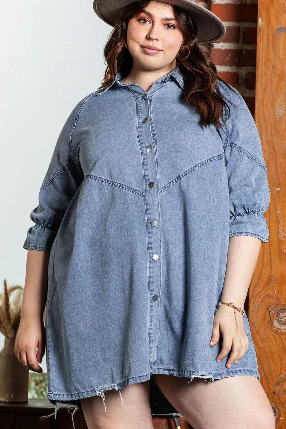 Plus Size/Plus Size Dresses/Plus Size Mini Dresses Light Blue Ruffled 3/4 Sleeve Buttoned Front Plus Size Denim Dress