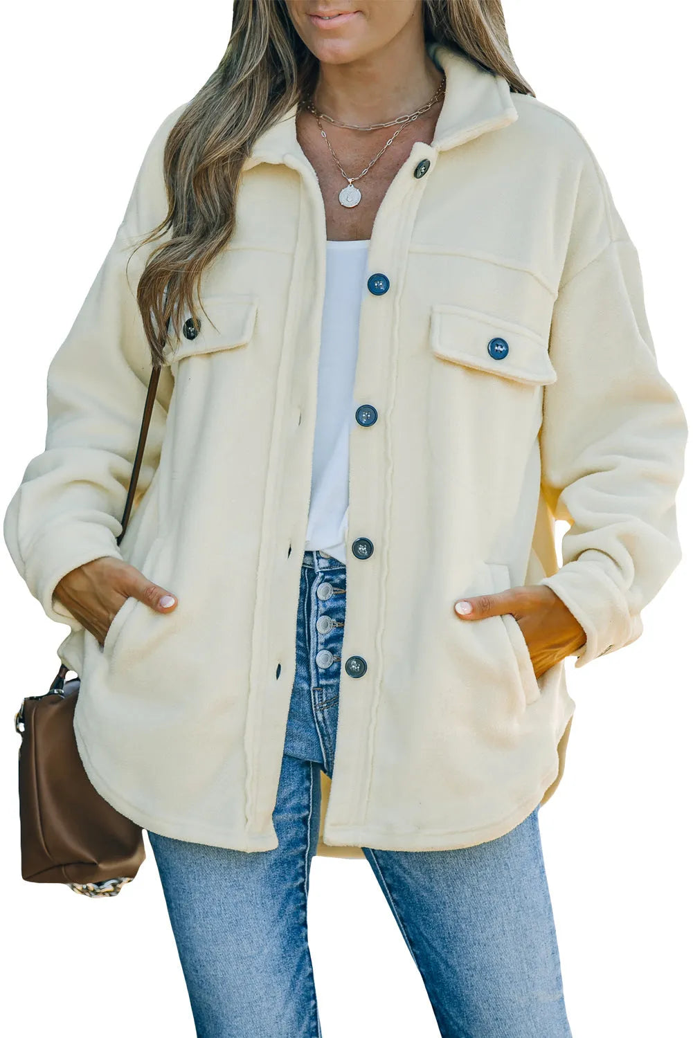 Beige Turn Down Collar Buttoned Shirt Jacket - Chic Meadow Boutique 