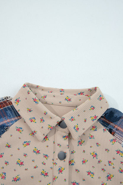 Ashleigh Blue Boho Floral Plaid Patchwork Distressed Detail Ruffled Sleeve Waffle Knit Shacket