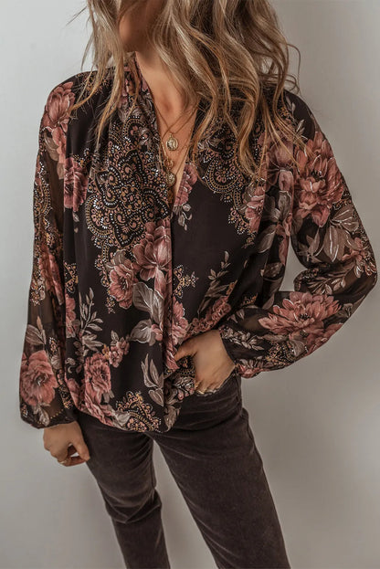 Black Floral Print Criss Cross V Neck Balloon Sleeve Blouse - Chic Meadow Boutique 