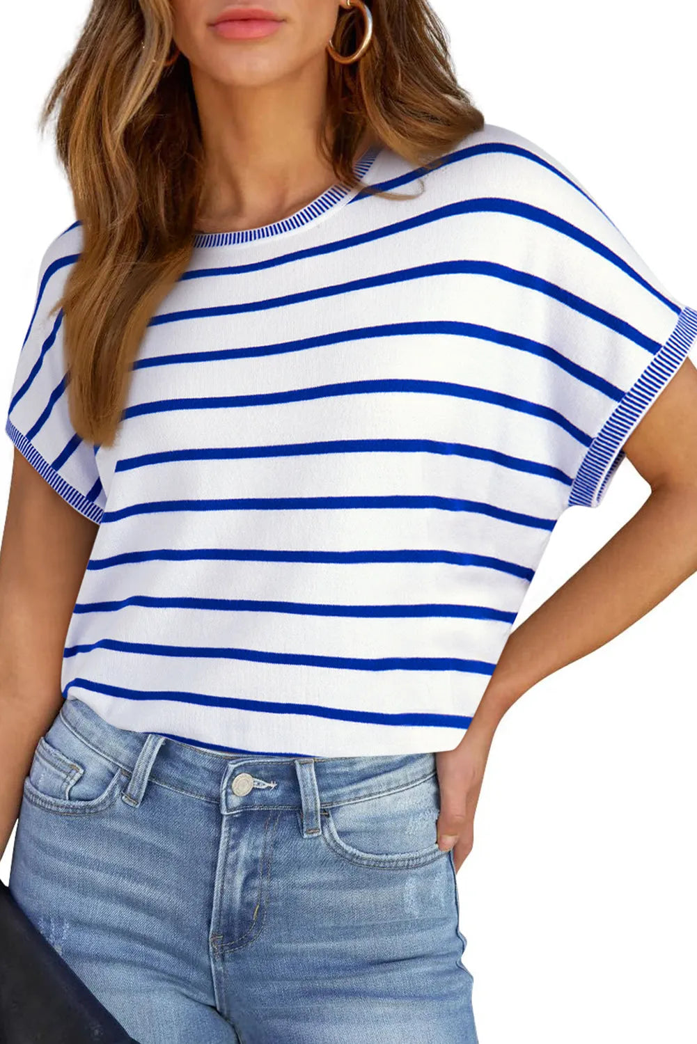 Sky Blue Stripe Knitted Bat Sleeve T Shirt - Chic Meadow Boutique 