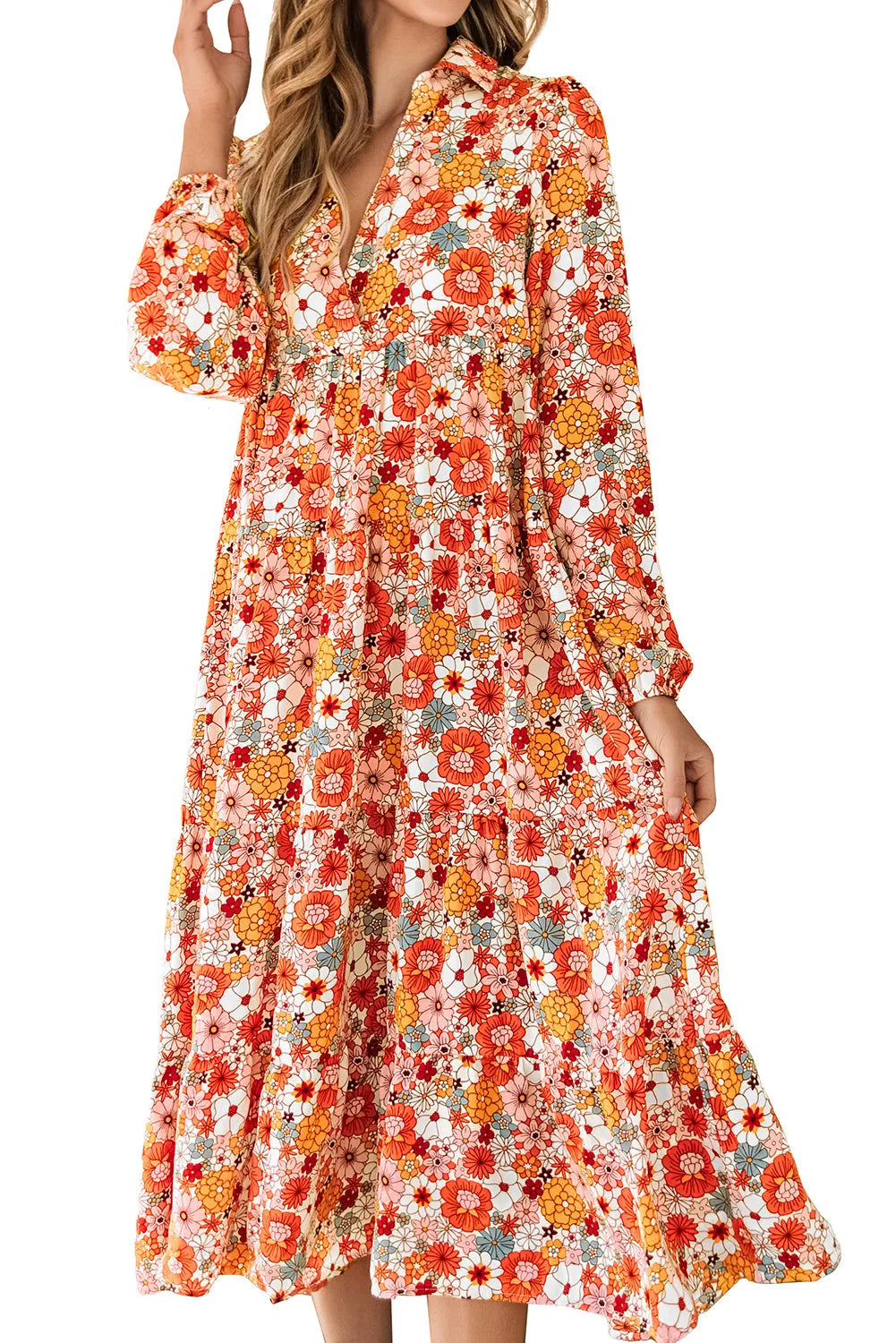 Dresses/Floral Dresses Multicolor Boho Floral Collared Long Sleeve Ruffled Dress