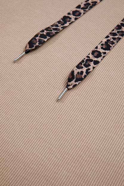 Dark Khaki Thermal Textured Leopard Drawstring Baggy Hoodie