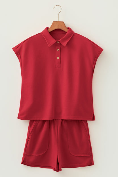 Racing Red Loose Polo Tee Elastic Waist 2pcs Short Set