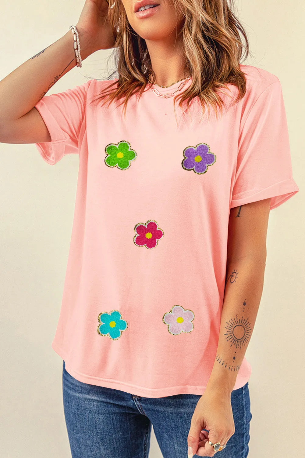 Pink Glittering Chenille Flower Patched Pattern Crewneck T Shirt - Chic Meadow Boutique 